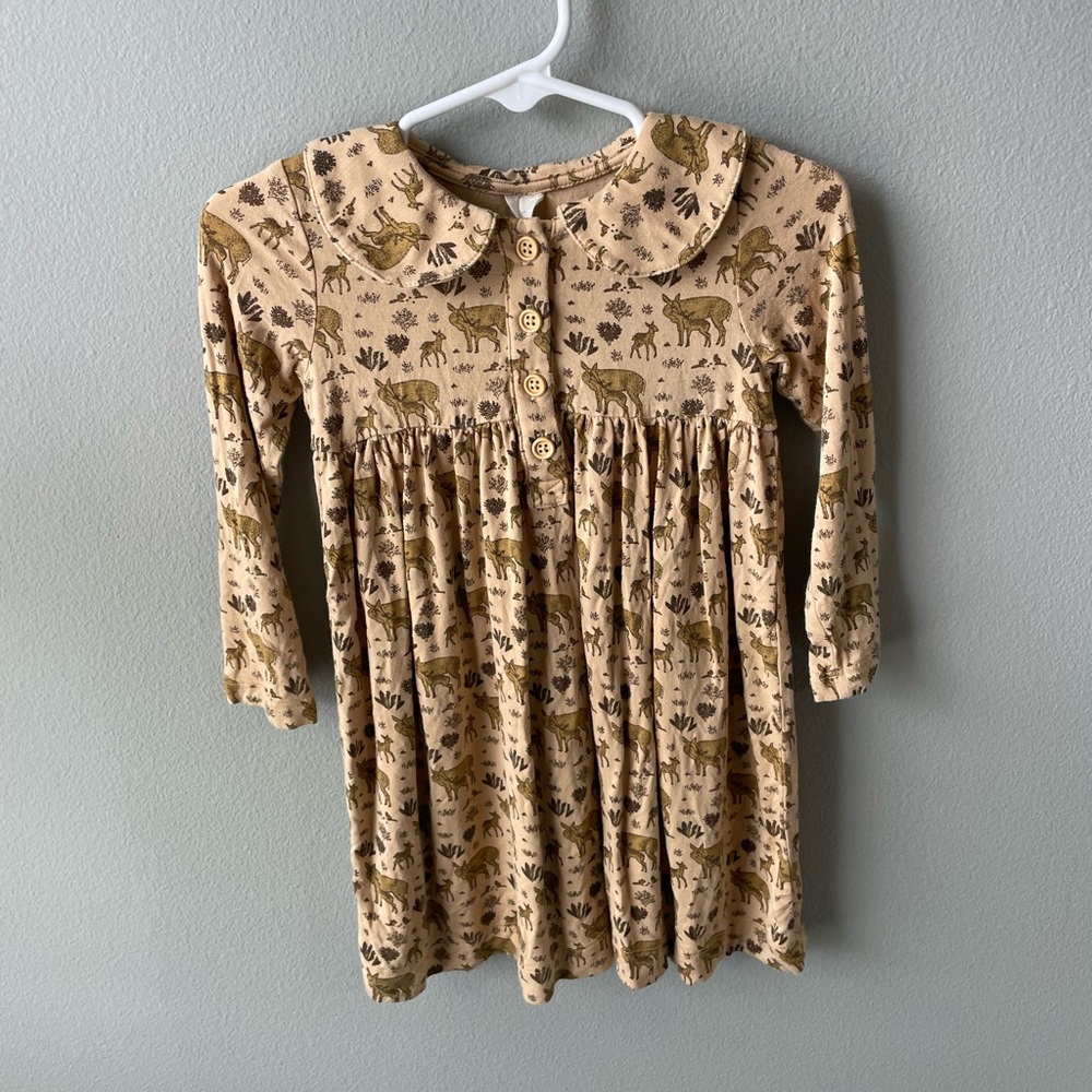 Kate Quinn Brown and Tan Bamboo Woodland Deer Girls Dress with Peter Pan Collar
